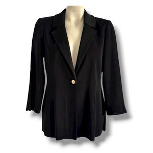MING WANG BLACK KNIT 3/4 SLEEVE GOLD MONOGRAM BUTTON SUIT JACKET BLAZER SZ S